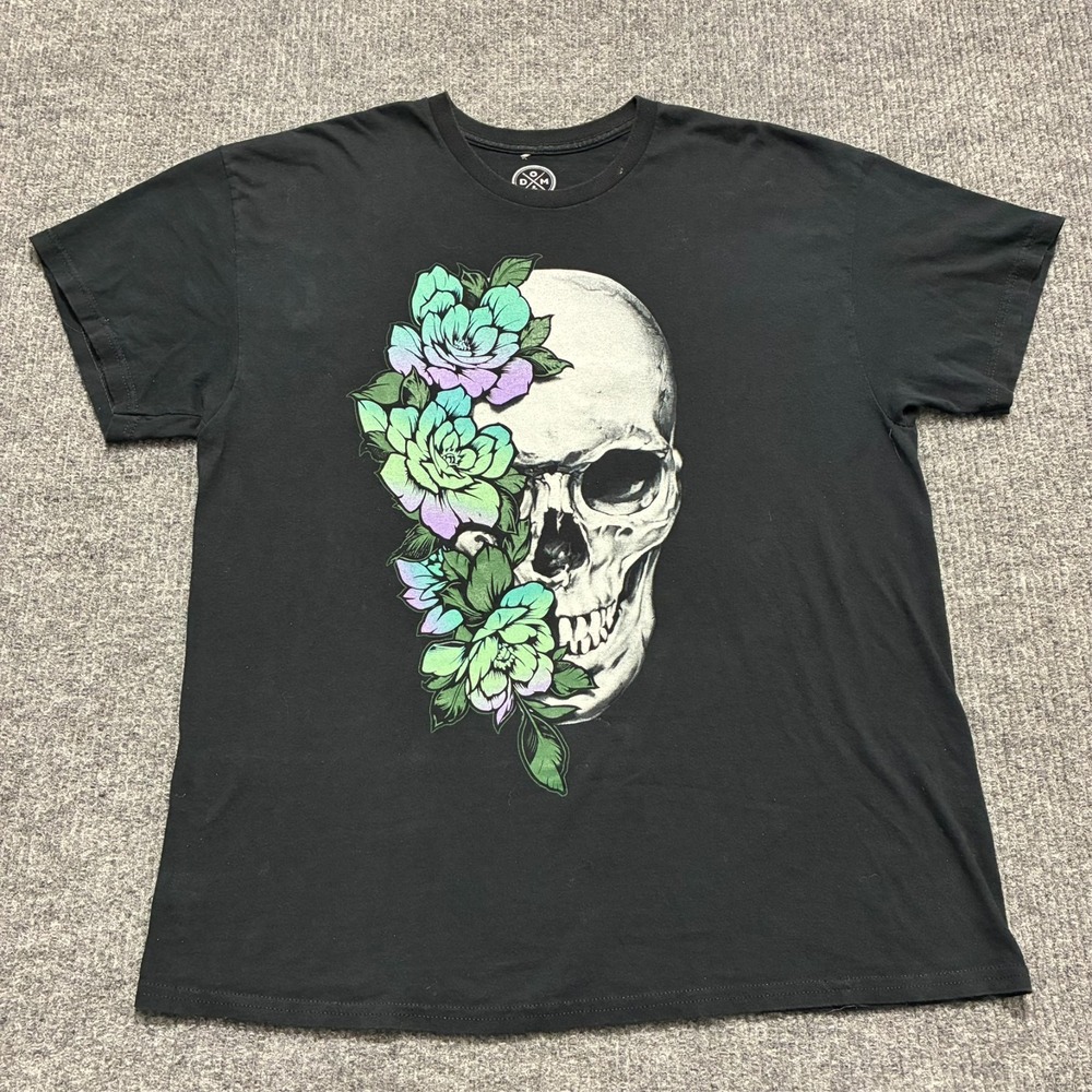 DOM Flower Skull Graphic T-Shirt Mens Size XL Black‎ Cotton Short Sleeve